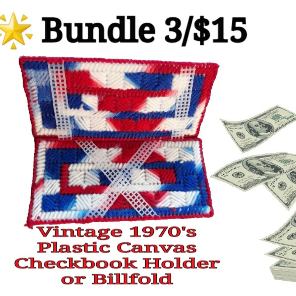 Vintage 1970's Red and White Blue Yarn and Plastic Canvas Billfold Wallet